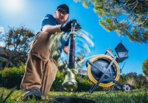 Speedcut Pro sewer line cleaning machine action shot of rapidly spinning chain about to be put into an open drain