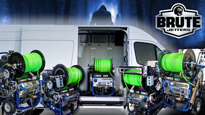 The Brute Jetter lineup of cart and skid hydro jetters in front of a cargo van