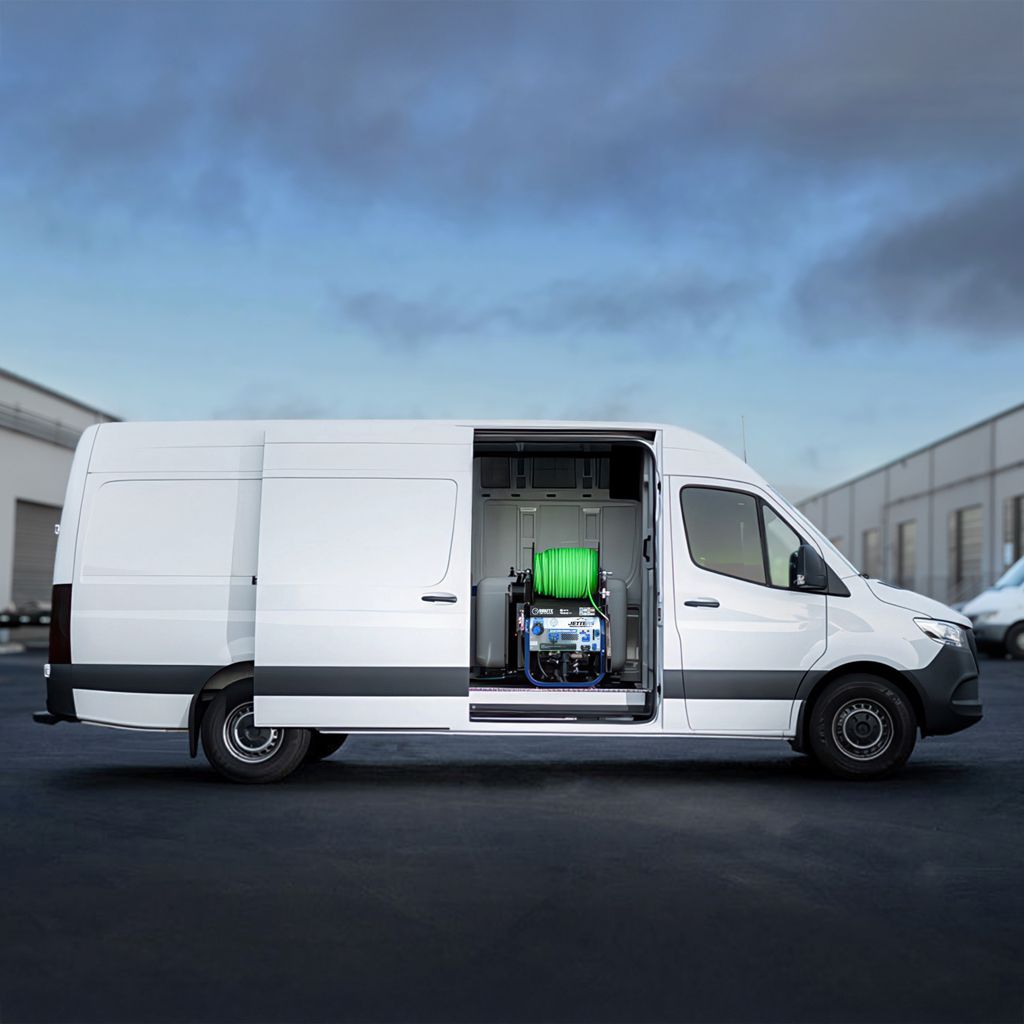 Brute skid jetter mounted inside a cargo van with the side door open